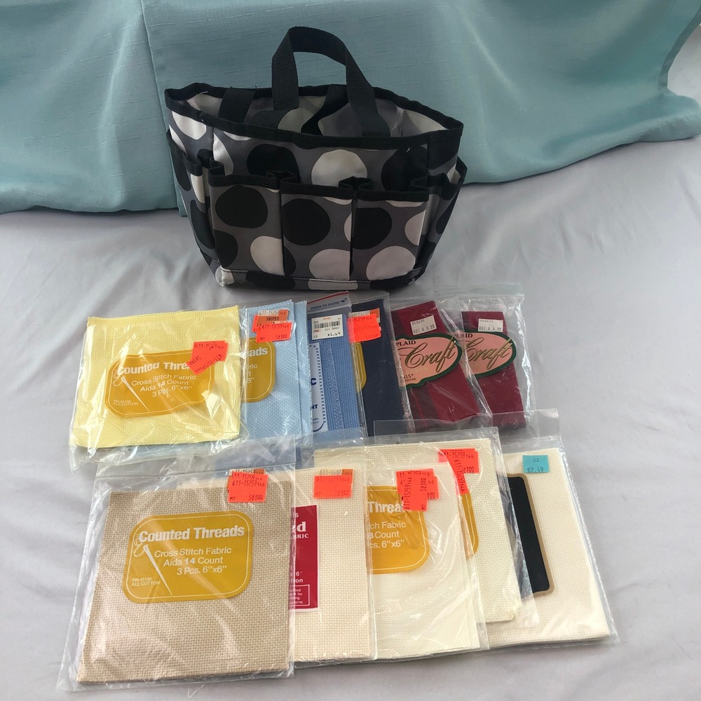 Thirty-One Polka Dot Tote with Aida Cross Stitch Fabric Lot Bundle 11 Packs